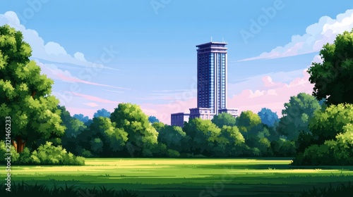 A serene park scene with a tall building in the background, lush green trees in the foreground, and a clear blue sky with fluffy white clouds.