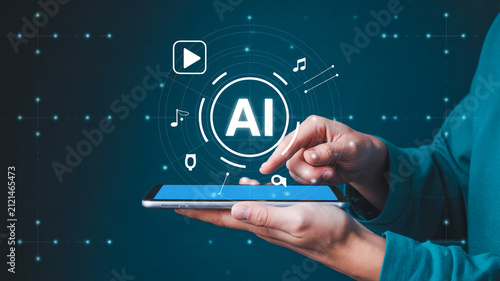 AI technology concept with user touching glowing artificial intelligence interface icons on smartphone