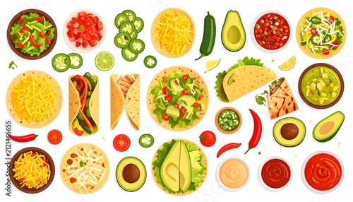 Colorful array of fresh fruit and nut slices on white background.