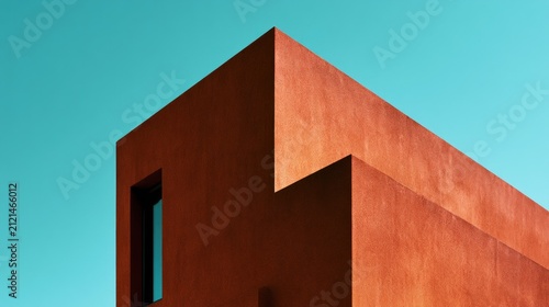 A red, angular building with a window and a clear blue sky in the background.