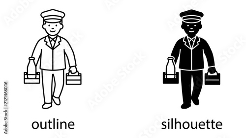 Fotografie Delivery Driver Icon: A stylized icon of a delivery driver, shown in both outline and silhouette, carrying bottles and a carrier, representing transportation and service