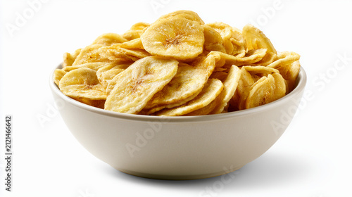 A bowl of crispy banana chips isolated on white background
