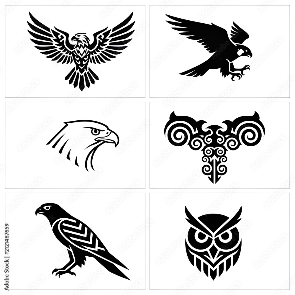 Fototapeta premium Tribal eagle falcon and owl tattoo emblem set vector illustration isolated on white background