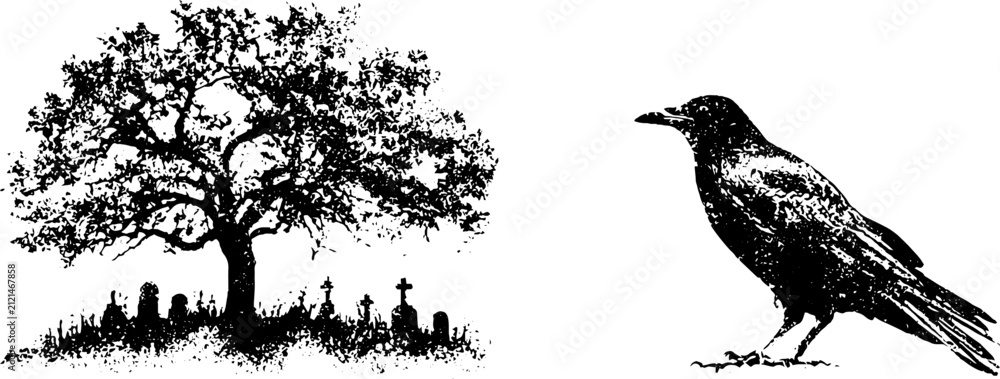 Obraz premium Grunge black and white raven and cemetery tree stencil illustration set for poster and background design