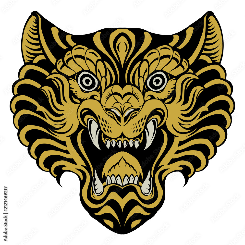 Fototapeta premium Golden tiger head ornamental ethnic vector illustration roaring predator mascot badge t-shirt print design