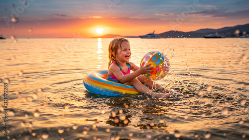 Happy little girl playing with colorful beach ball and inflatable ring at sunset vacation
