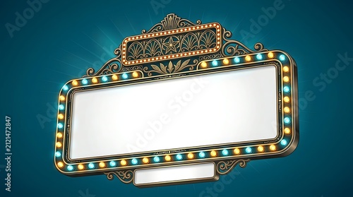 Vintage cinema marquee sign glowing in dark theater entrance. Classic retro movie display with illuminated bulbs and ornate gold frame.