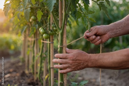 Hand supporting a tomato stem against a bamboo cane outdoors
