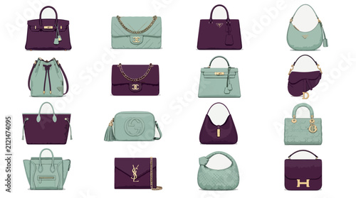Collection of stylish handbags in purple and mint green colors arranged in a grid.