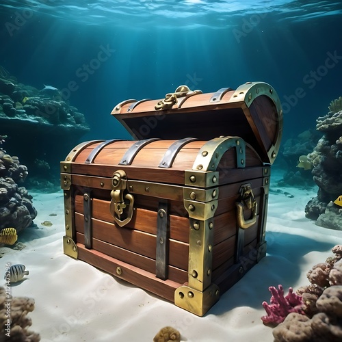A treasure chest submerged underwater in a marine environment.