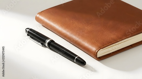 Brown leather notebook and black fountain pen on white surface.