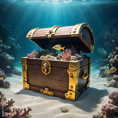 A treasure chest submerged underwater in a marine environment.