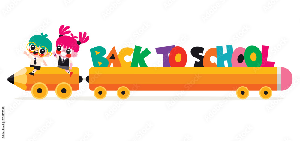 Fototapeta premium Cartoon Kids Riding Pencil Car
