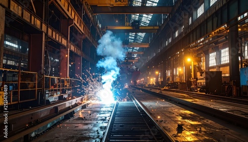 Heavy industrial welding on rails inside a factory workshop.