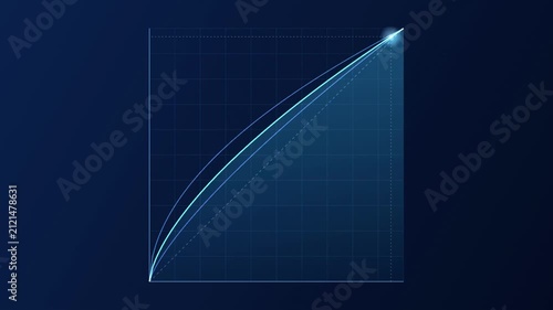 Graph displays upward trend, curved line exceeding straight line. Blue hues dominate dark background, suggesting growth potential.