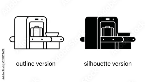 Security Scanner and Luggage Conveyor: Two illustrative styles, outline and silhouette, depict a modern security scanner with a conveyor belt transporting luggage and personal items.