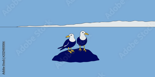 Seagulls On Rock Flat Vector Illustration With Blue Background