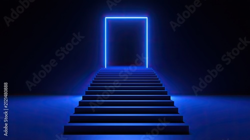 Futuristic staircase illuminated by glowing blue square portal in darkness