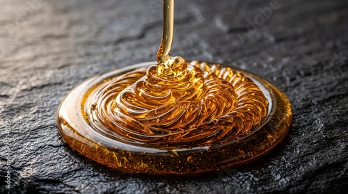 Viscous honey liquid coil pattern on dark stone surface, close up amber syrup flow with dramatic sidelight for advertising