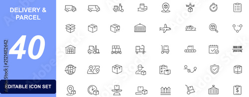 Konstfotografi Delivery parcel logistics icon set with shipping courier package tracking wareho