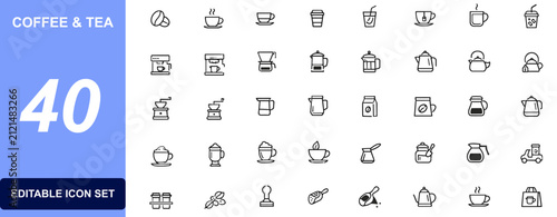 Obraz na płótnie Coffee and tea icon set for cafe branding with espresso, cappuccino, latte, beve