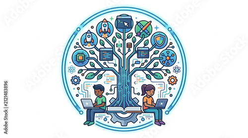 Illustrated tree of technology and knowledge growth concept.