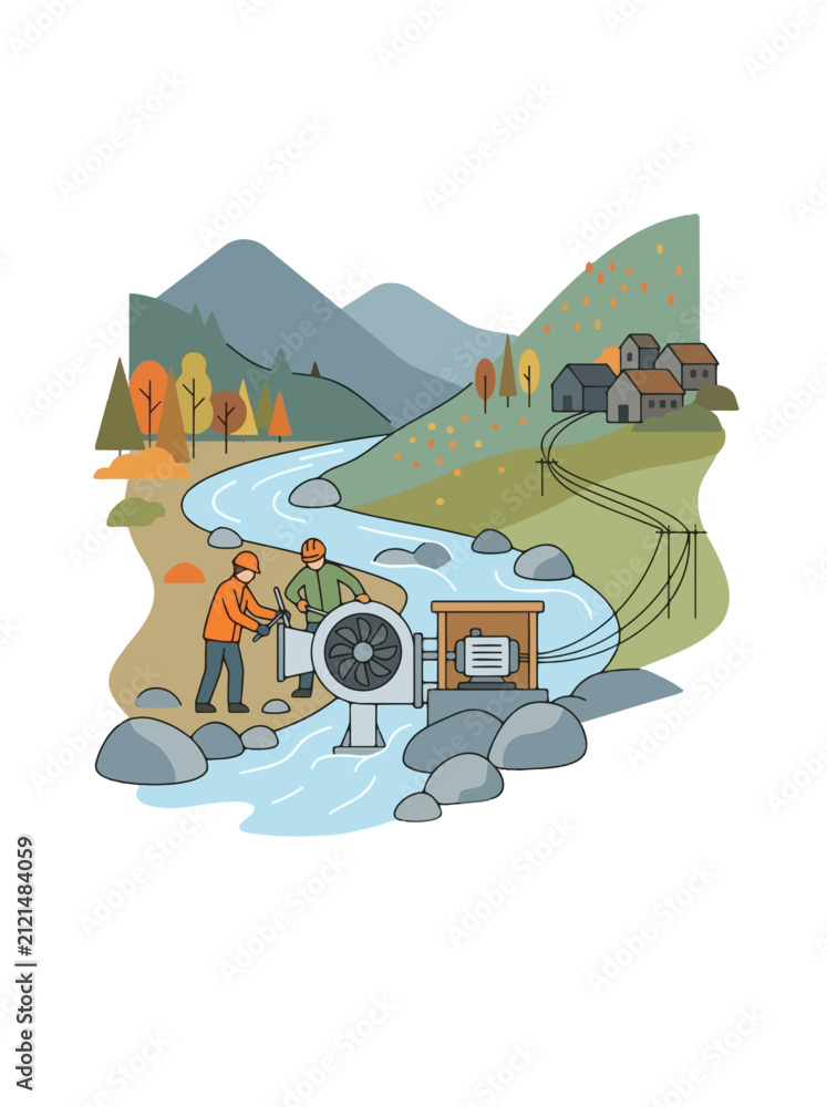 Naklejka premium 2d FLAT MINIMALISM Workers install small scale hydroelectric turbine in a mountain river setting PNG Isolated on transparent background vector