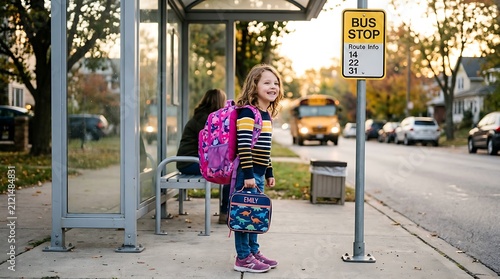 Little girl waiting for school bus. Child with backpack standing at urban bus stop.