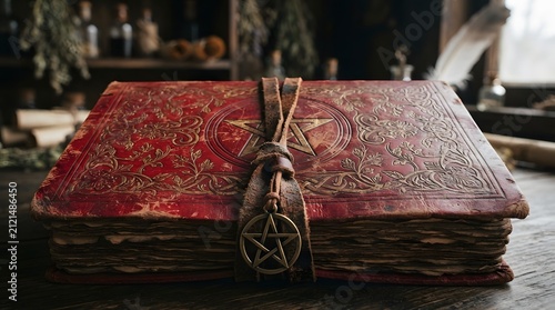 Red leather grimoire with pentagram symbol and leather strap