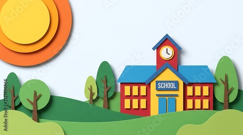 Paper craft school building illustration. Back to school concept with trees and sun.
