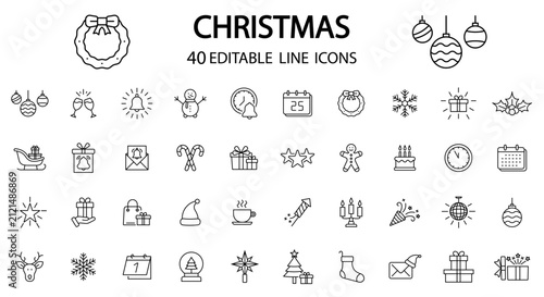 Christmas Editable Line Icons Set. Winter Holiday Outline Symbols Collection. New Year Thin Line Vector Pack. Festive Decoration, Gift, Snowflake, Santa, Tree, Wreath, Ornament, Calendar,
