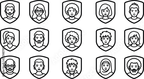 Fotografie Set of diverse line art icons featuring a human avatar for each person inside a