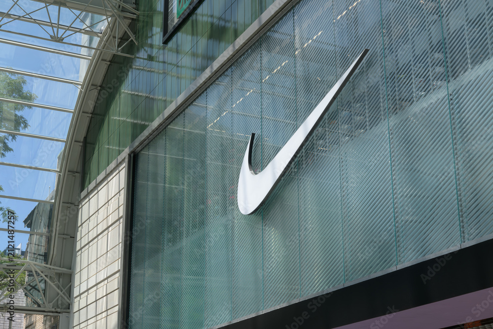 Fototapeta premium Nike Swoosh dimensional or logo channel symbol at CF Toronto Eaton Centre, 220 Yonge St, level 3