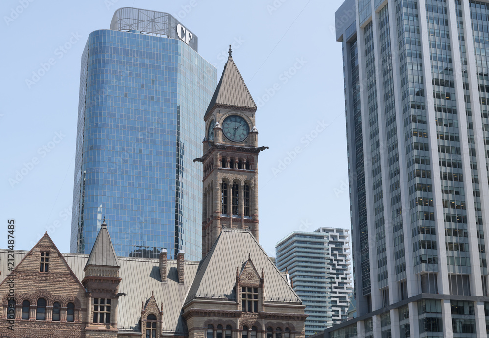 Fototapeta premium Edward James Lennox's Old City Hall with clocktower viewed from Nathan Phillips Square - incl view of Cadillac Fairview Tower, 20 Queen St W), Toronto