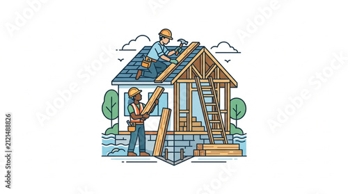 Illustration of workers building a wooden house together.