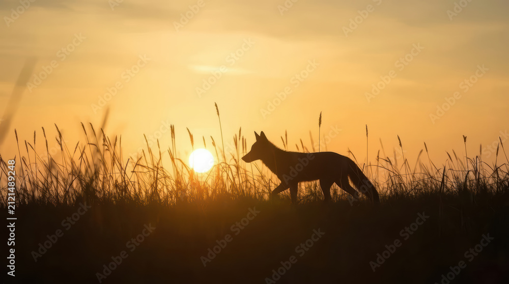 Naklejka premium Silhouette fox walking through tall grass at sunset with warm golden sky