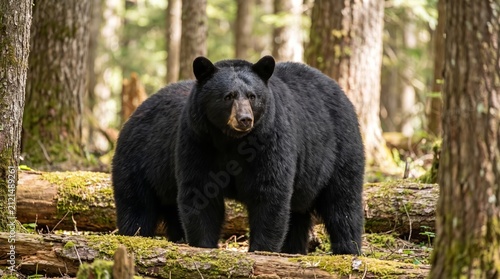 The black bear forages among the ferns in the forest. Two black bears in the forest.