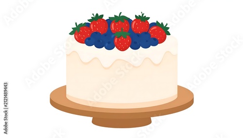 Colorful layered birthday cake with berry topping.