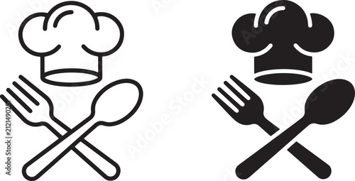 Chef Hat with Fork and Spoon Icons in Outline and Solid Styles