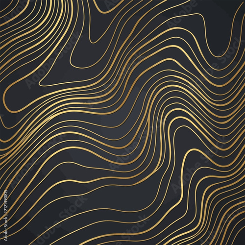 Golden wavy lines form an abstract pattern on a dark background creating a luxurious aesthetic