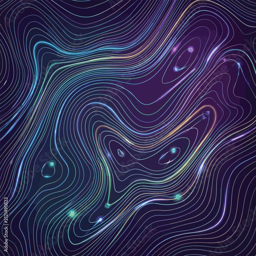 Iridescent wavy lines form an abstract vector pattern on a dark purple background