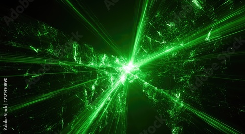 Intense bright green energy beams radiating from a central point into darkness