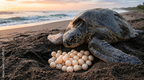 Sea turtle mother guarding her nest of spherical eggs on damp sand.