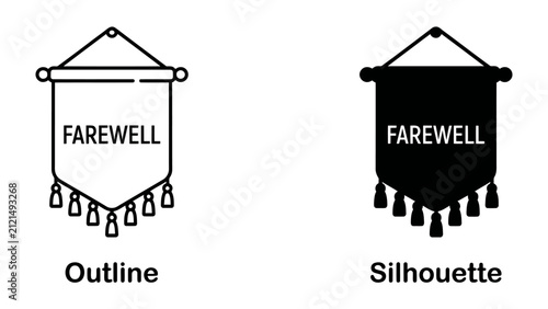 Foto Farewell Banner Icons: Two pennant banners displaying the word Farewell, one in an outline style and the other as a solid silhouette, perfect for signifying goodbyes or transitions
