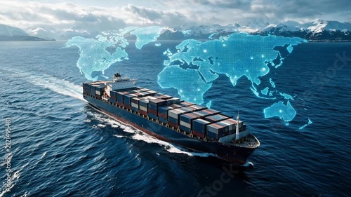 Cargo container ship sailing on ocean with glowing digital world map overlay concept