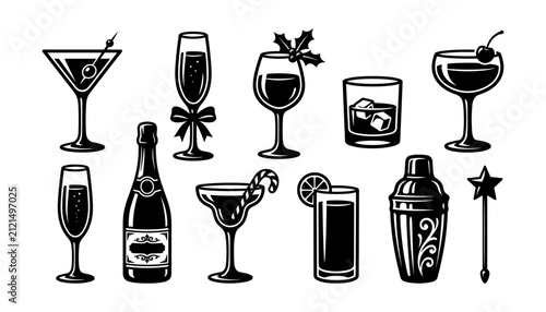 Fotografía Wine Glasses, Bottles, and Accessories in a Flat Lay Illustration Design Featuri