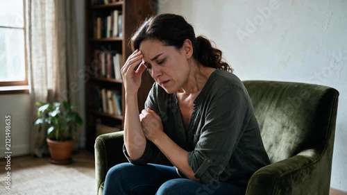 Stressed young woman sitting in green armchair holding forehead looking worried in living room with bookshelf