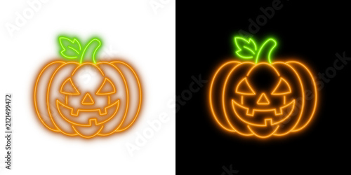 Fotografía Glowing Orange And Green Neon Jack O Lantern Carved Pumpkin Icon Set For Hallowe