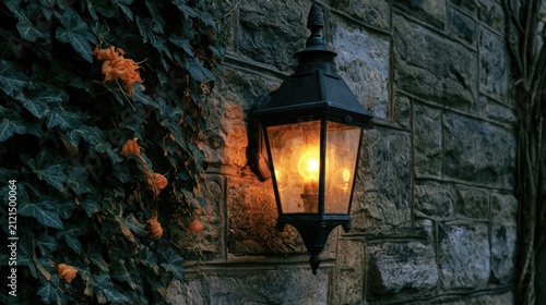 Old-fashioned lantern glows warmly on a textured stone wall