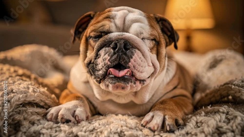 Relaxed English bulldog resting on soft beige blanket